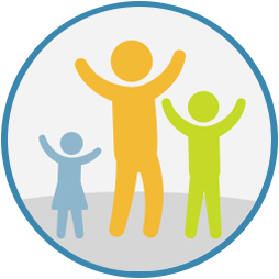 Family of three people with raised arms
